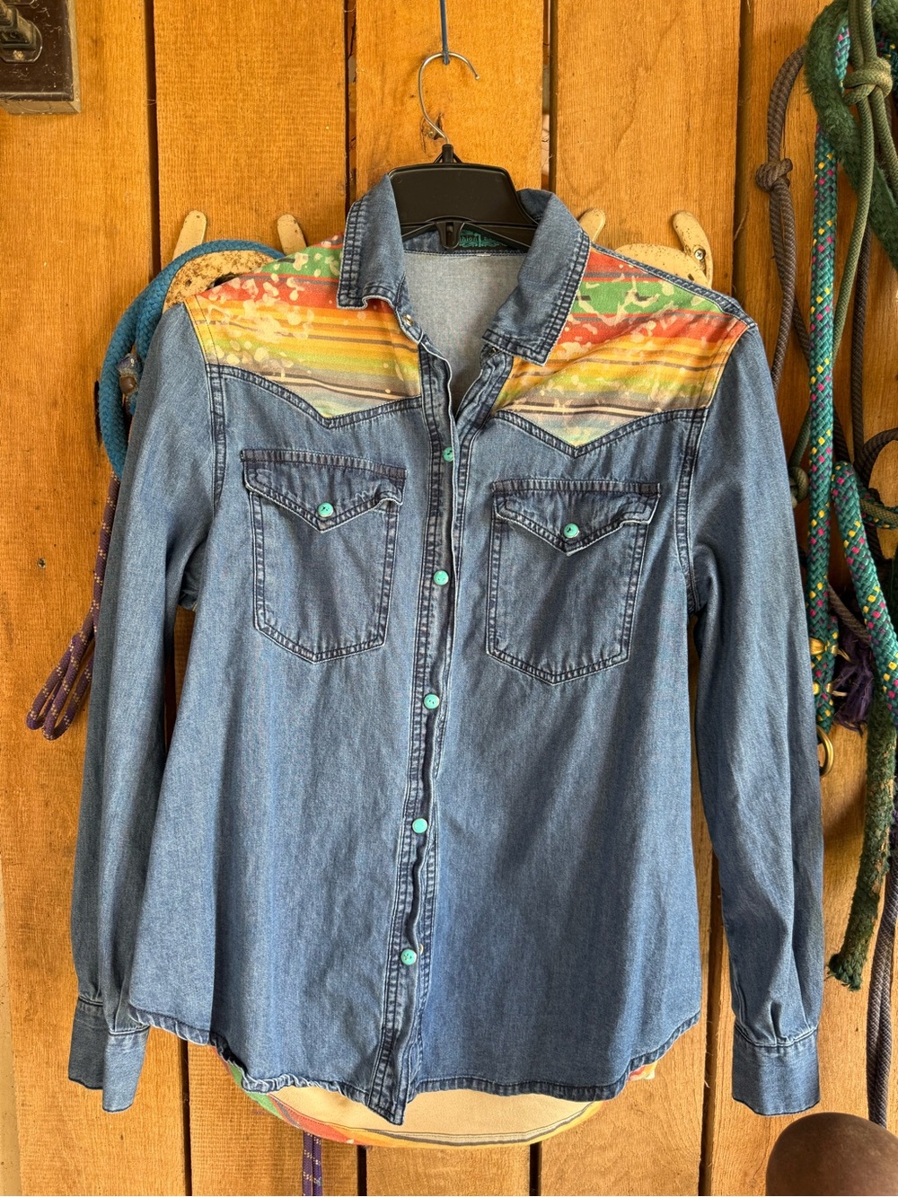 Denim Button-Down Shirt with Rainbow Yoke Western